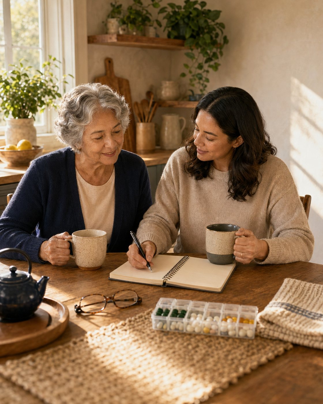 An older adult and caregiver reviewing notes at a kitchen table