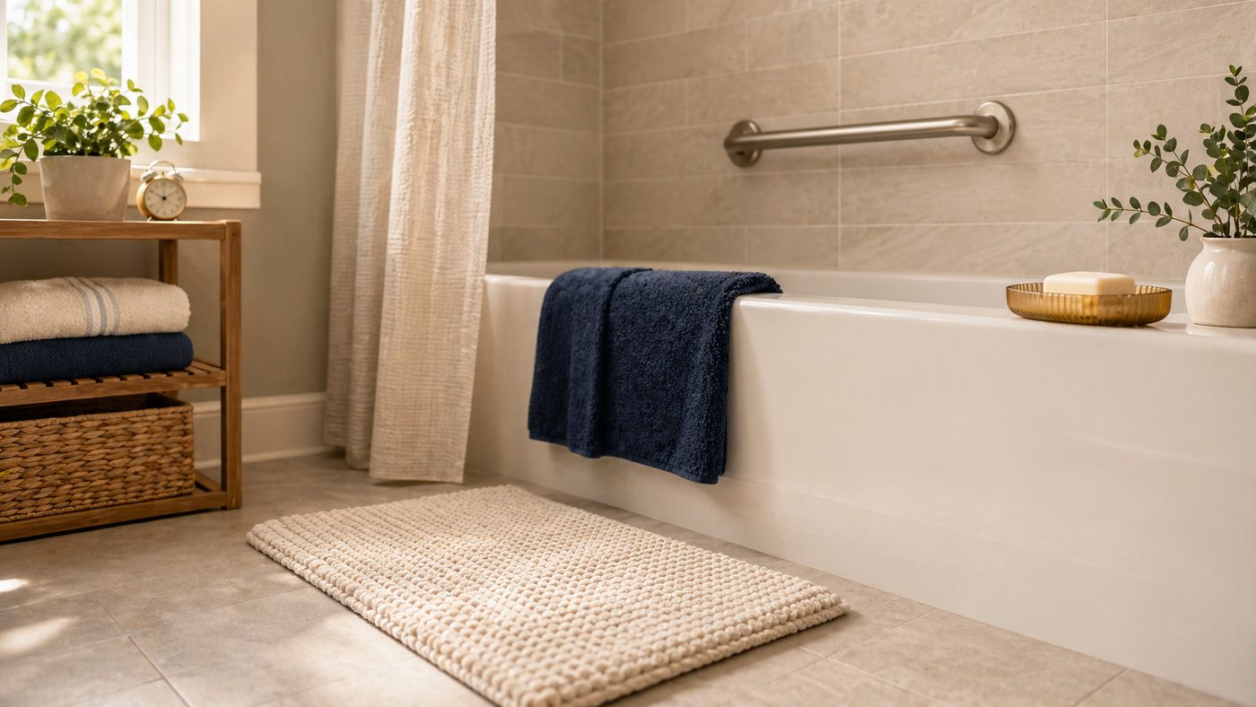 A clean, well-lit bathroom with grab bar and towel