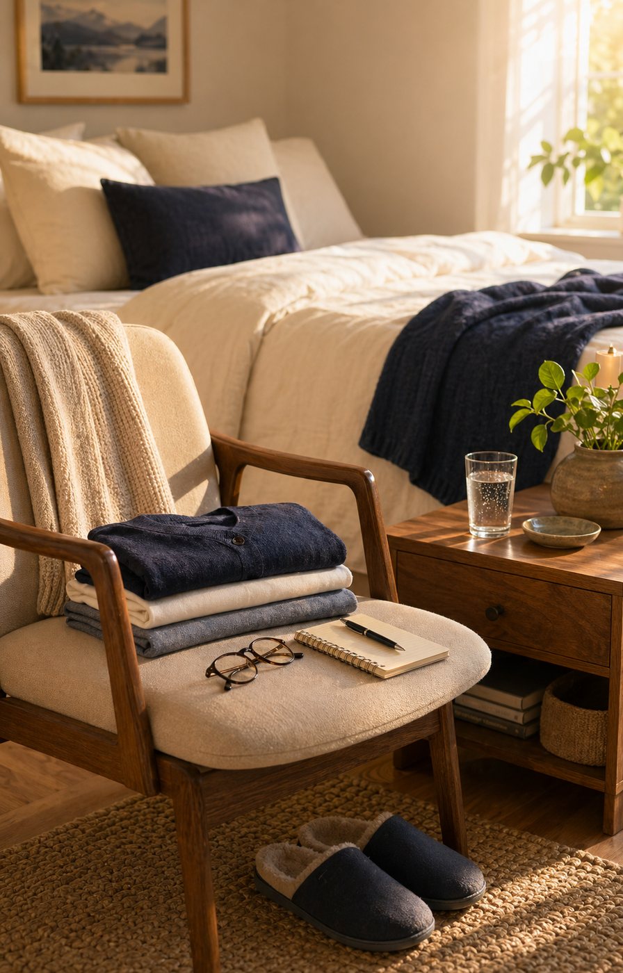 A morning chair setup with clothes, slippers, water, and a notebook