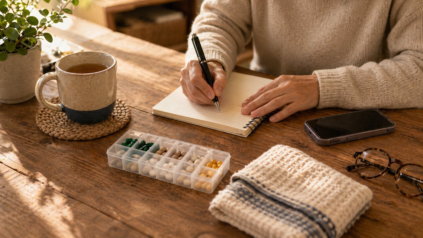 A caregiver writing in a notebook with tea and a pill organizer